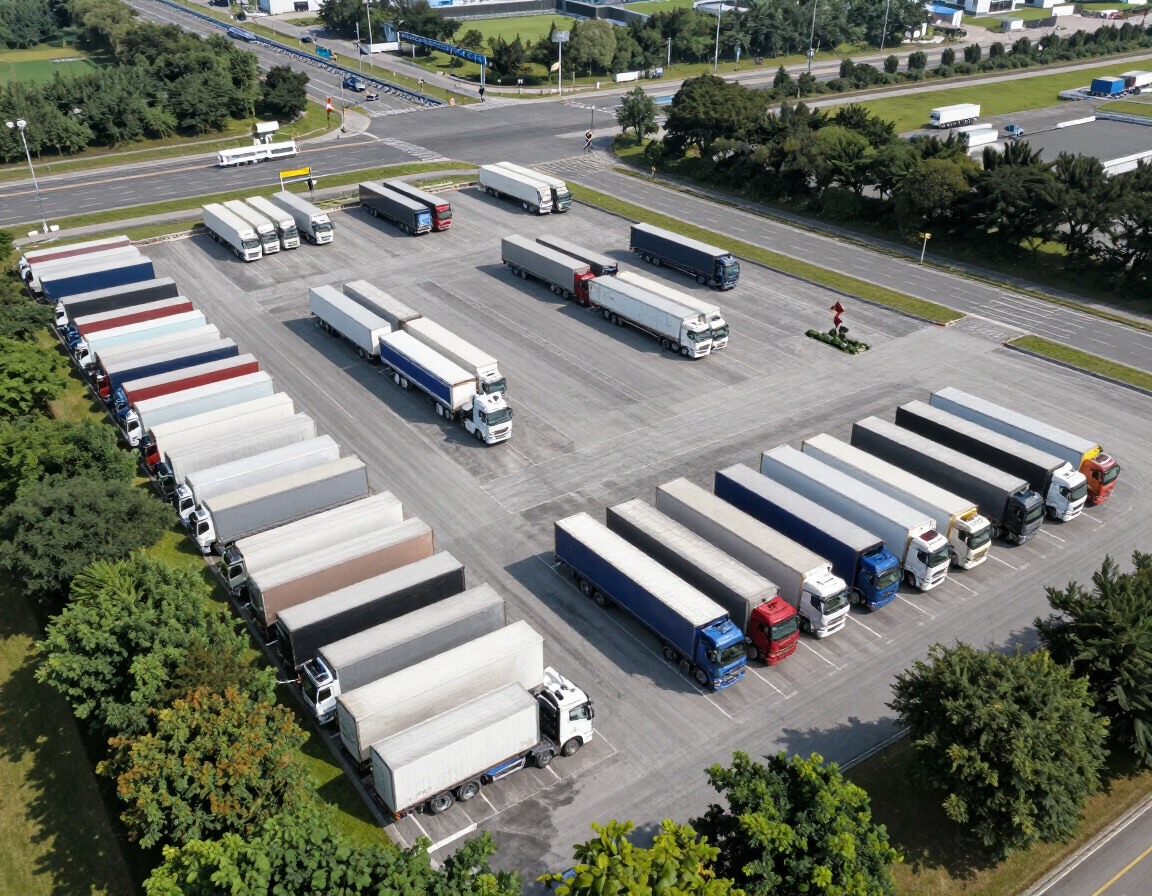 Pátio com caminhões estacionados em um posto de fronteira terrestre