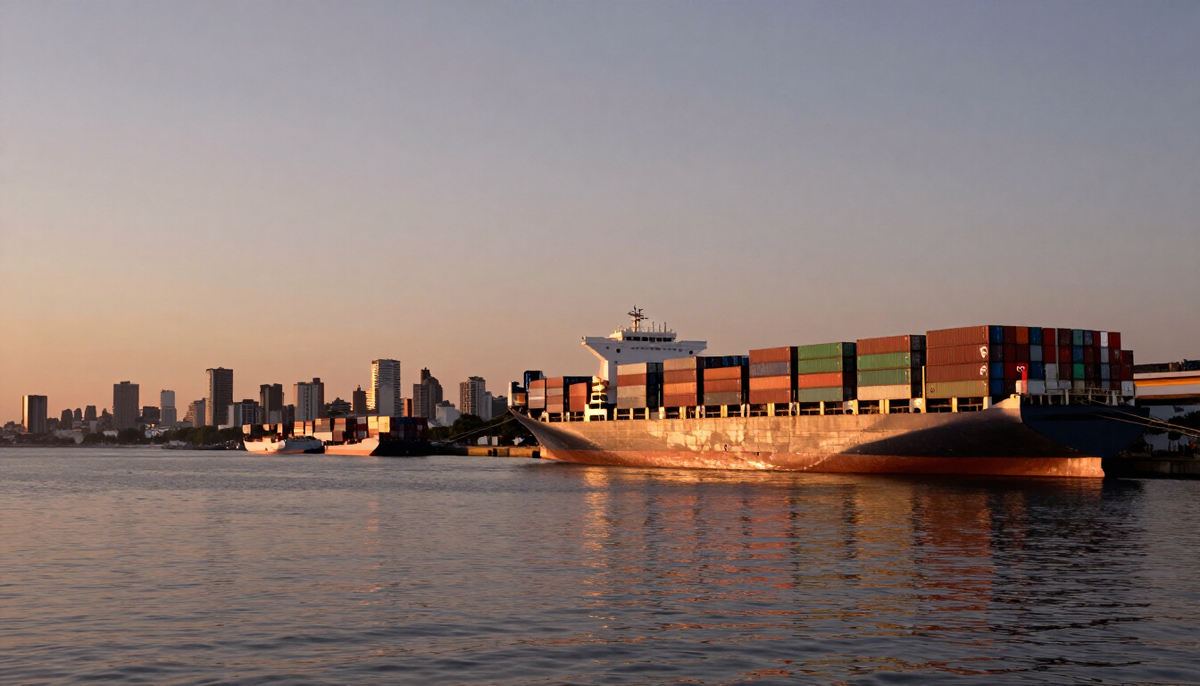 Navio porta-contêineres atracado no porto de Buenos Aires ao entardecer, com o skyline da cidade ao fundo
