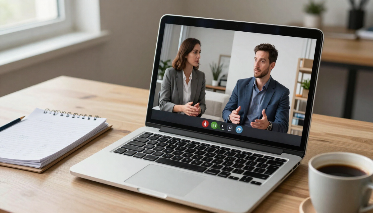 Videochamada de negociação em um notebook com anotações sobre a mesa