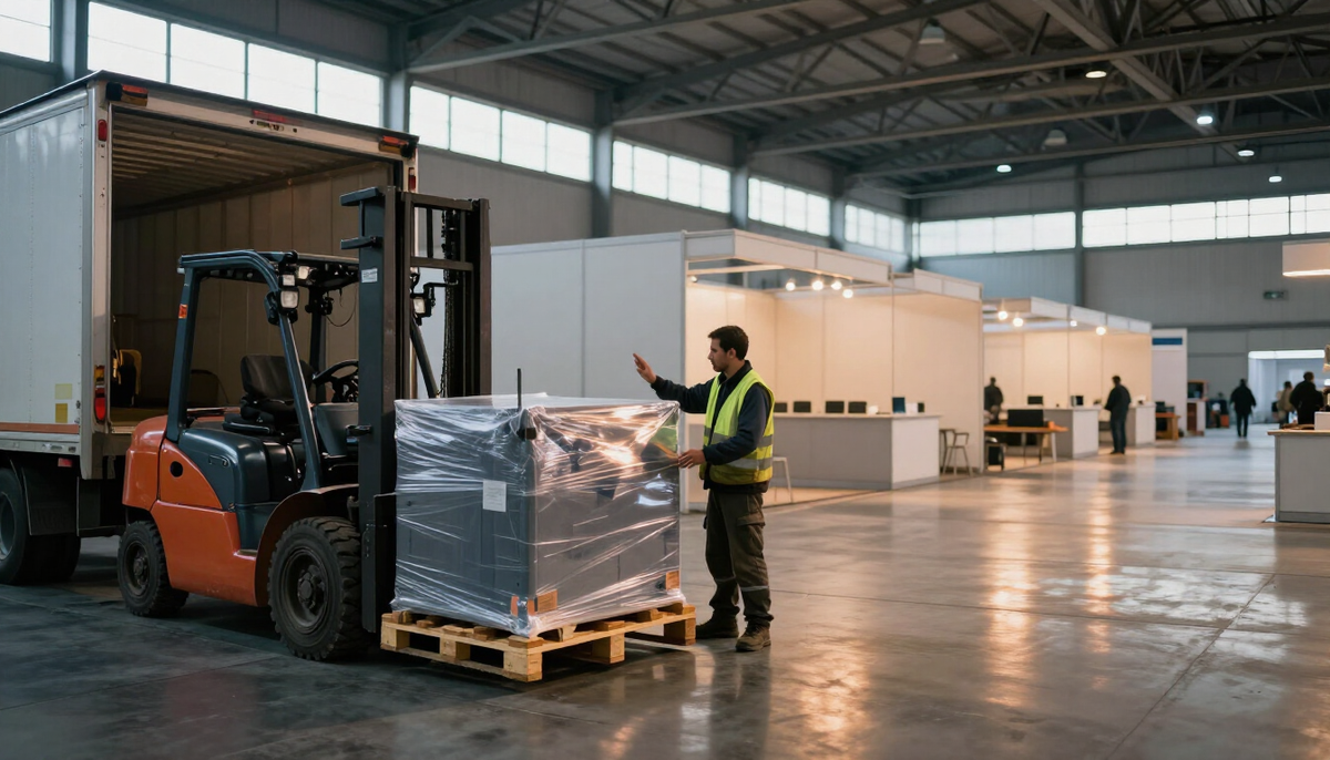 Máquina industrial embalada descarregada por empilhadeira em pavilhão de feira, em importação temporária na Argentina