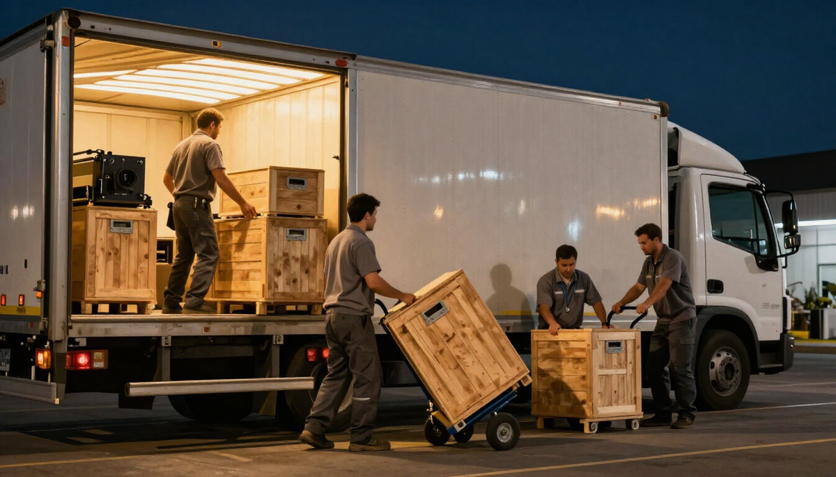 Equipe de logística recarregando caixas de madeira com equipamentos em um caminhão ao fim de uma feira na Argentina