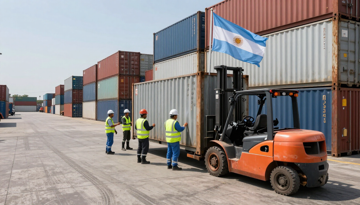 Pátio logístico com empilhadeira movimentando contêineres e a bandeira argentina ao fundo