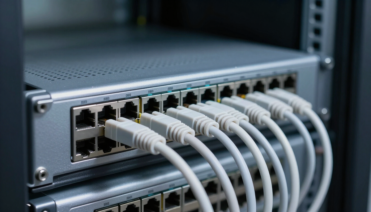 Equipamentos de rede com cabos de fibra em um rack