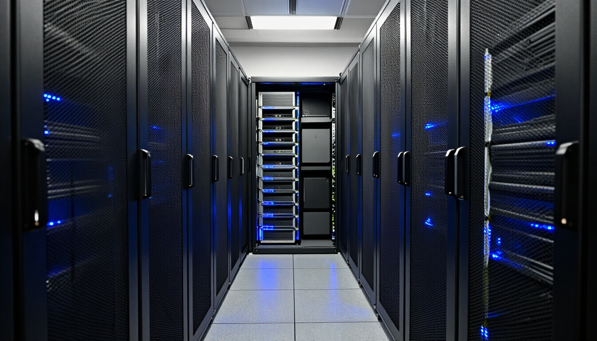 Corredor de data center com racks de servidores