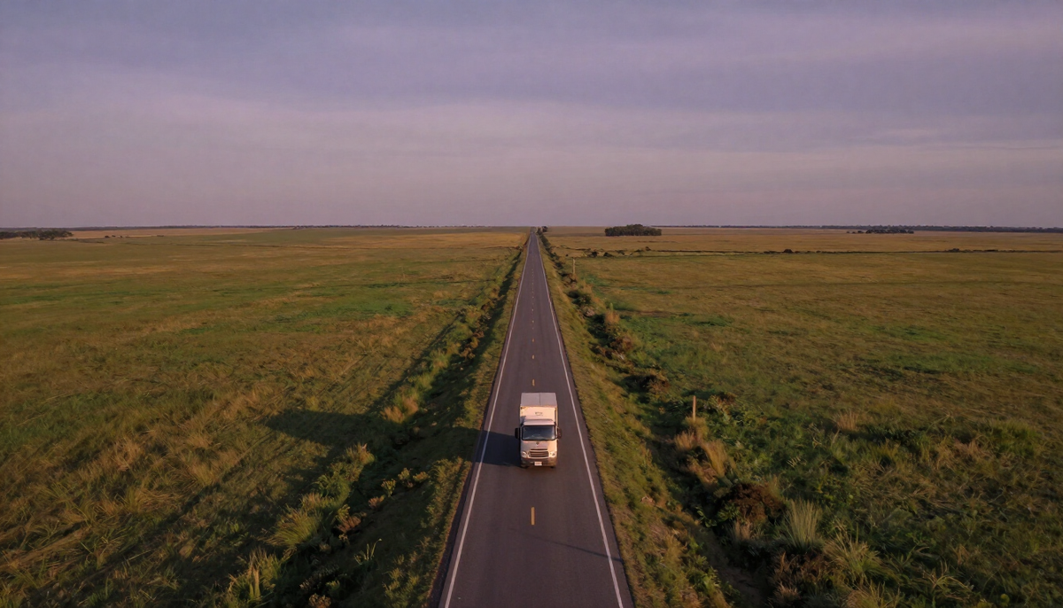 Caminhão de carga em rodovia reta atravessando a planície argentina ao entardecer, visto do alto