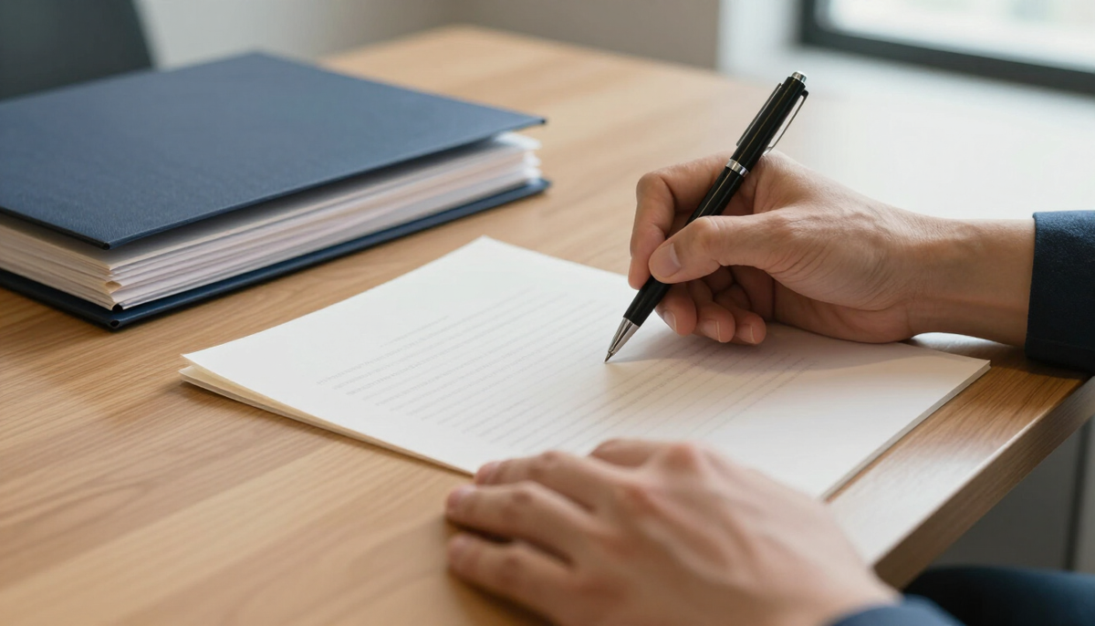 Mãos assinando documentos sobre uma mesa de escritório