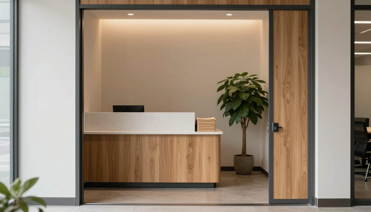 Entrada de um escritório moderno com mesa, pastas e uma planta