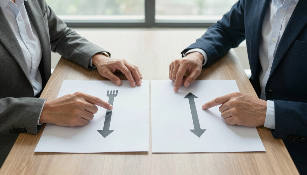 Dois profissionais comparando duas opções impressas sobre a mesa