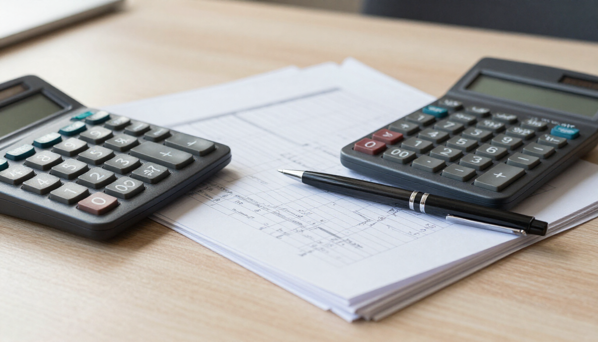 Calculadora e planilhas sobre uma mesa