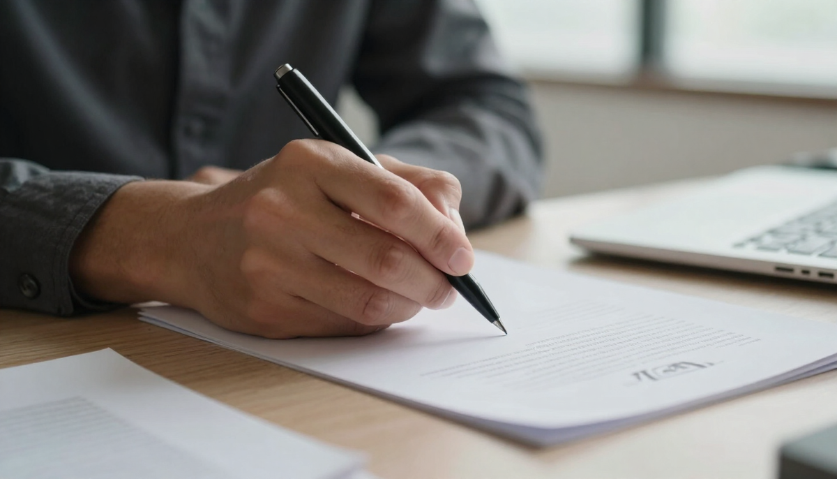 Mão assinando um documento sobre a mesa
