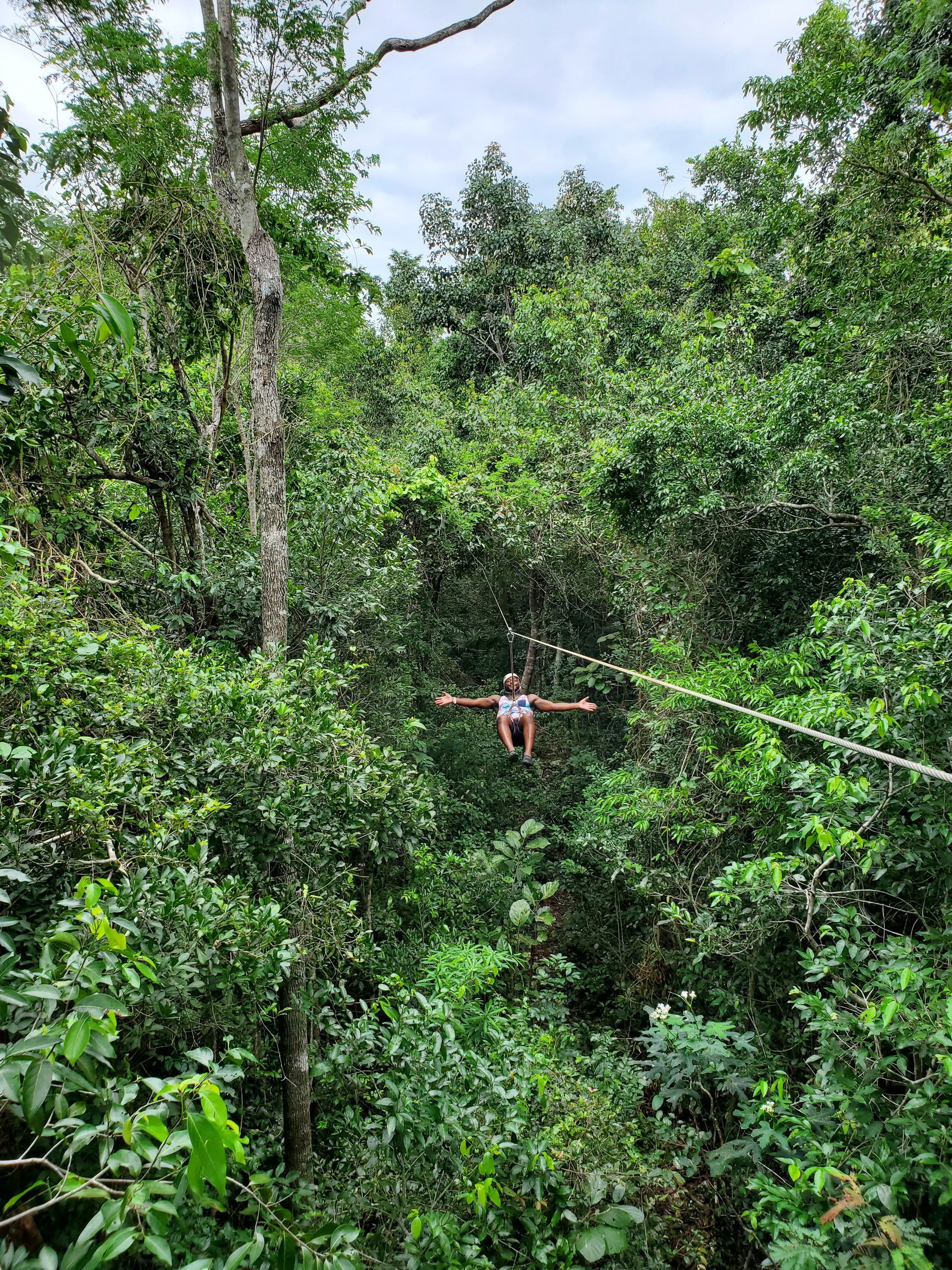 Una persona está volando por el aire en una tirolina en la jungla.