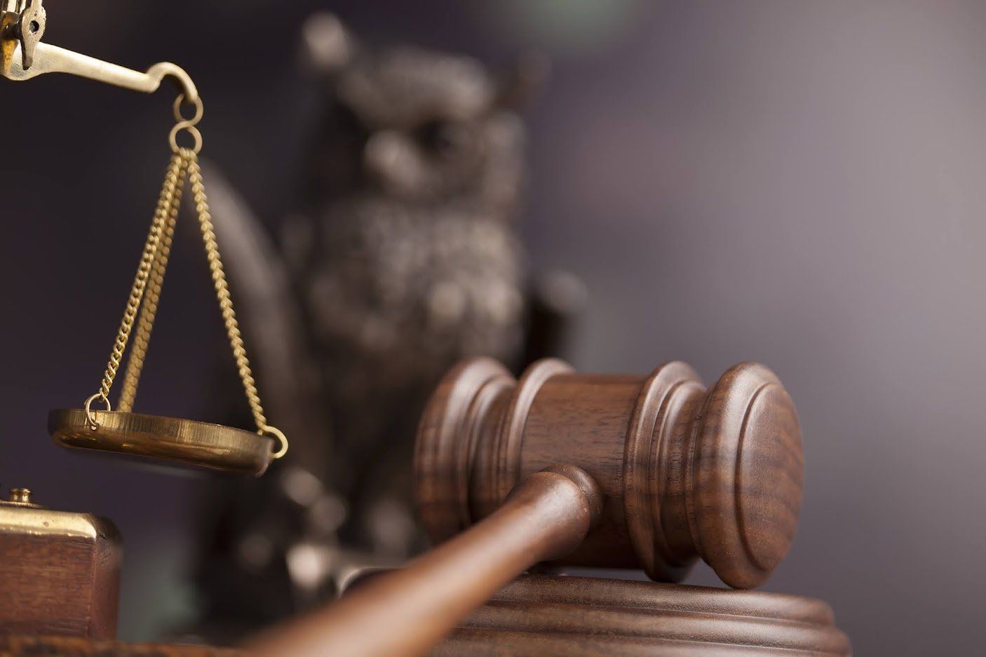 A statue of an owl is behind a wooden gavel and scales of justice.