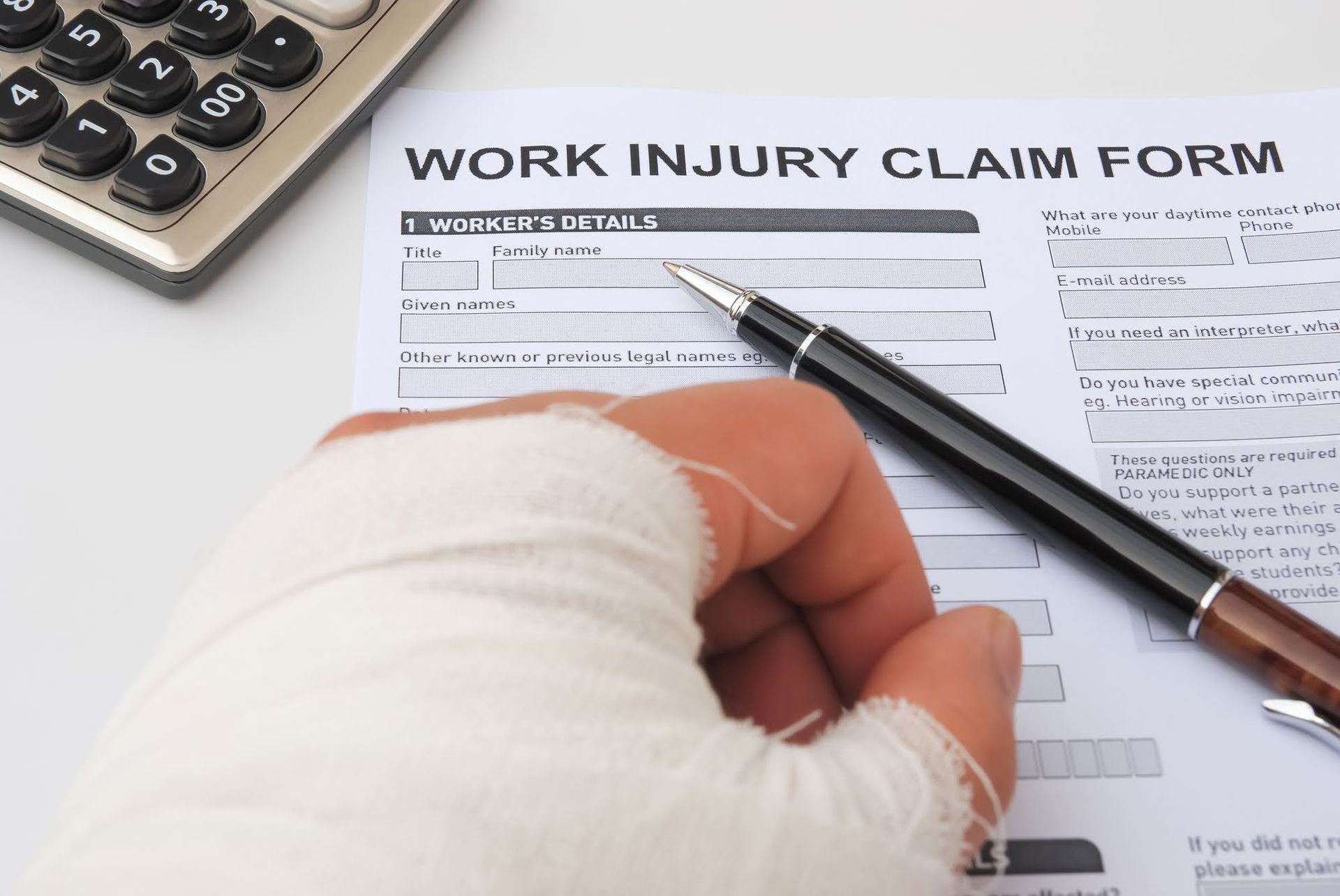 A person with a bandaged hand is filling out a work injury claim form