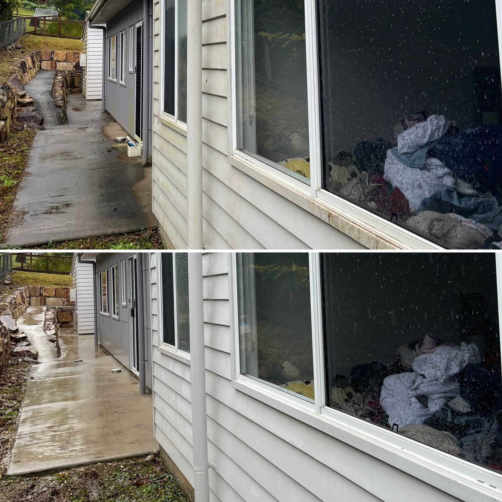Two Photos Exterior of a House With a Concrete Walkway — Jackson's Window Cleaning in Nerang, QLD