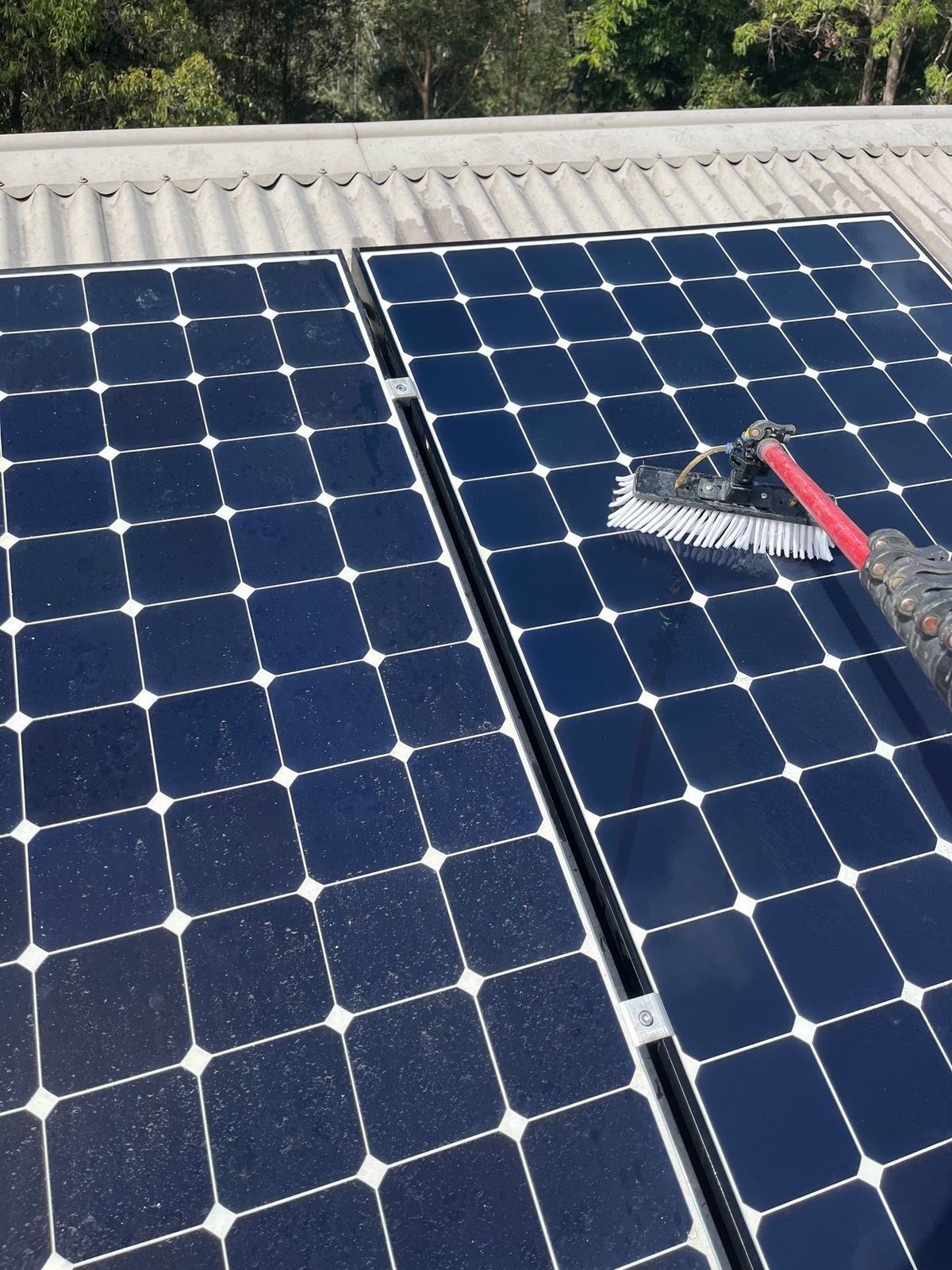 Solar Panels Being Cleaned With a Long-handled Brush on a Rooftop — Jackson's Window Cleaning in Nerang, QLD