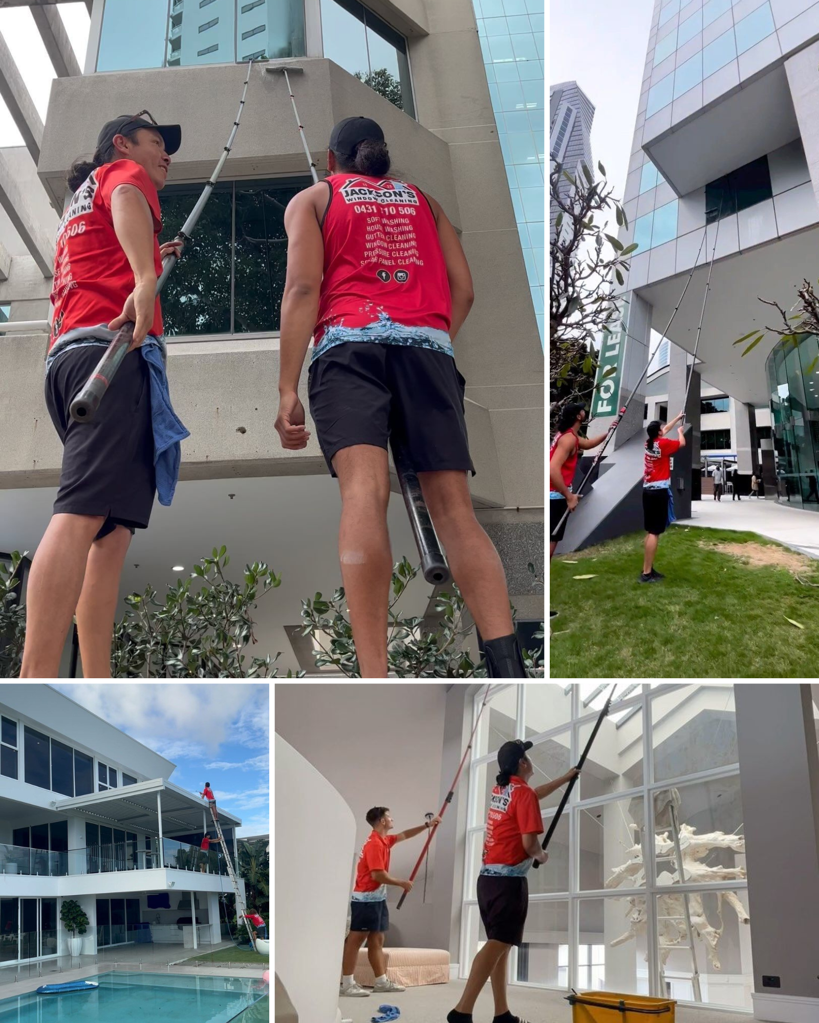 Window Washers Using Long Poles to Clean Windows on Various Buildings — Jackson's Window Cleaning in Nerang, QLD