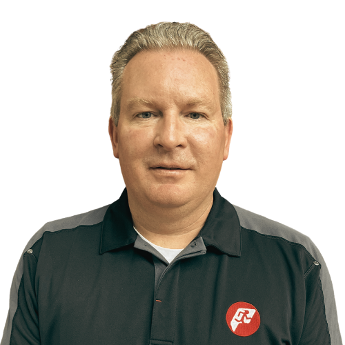 A man wearing a black shirt with a red logo on it