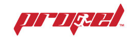 A red propel logo on a white background