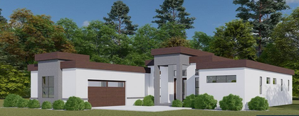 A modern, single-story house with white stucco walls, brown trim, and a prominent entryway, set against a tree line.