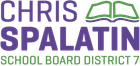 Chris Spalatin School Board District 7 logo in purple and green with open book icon