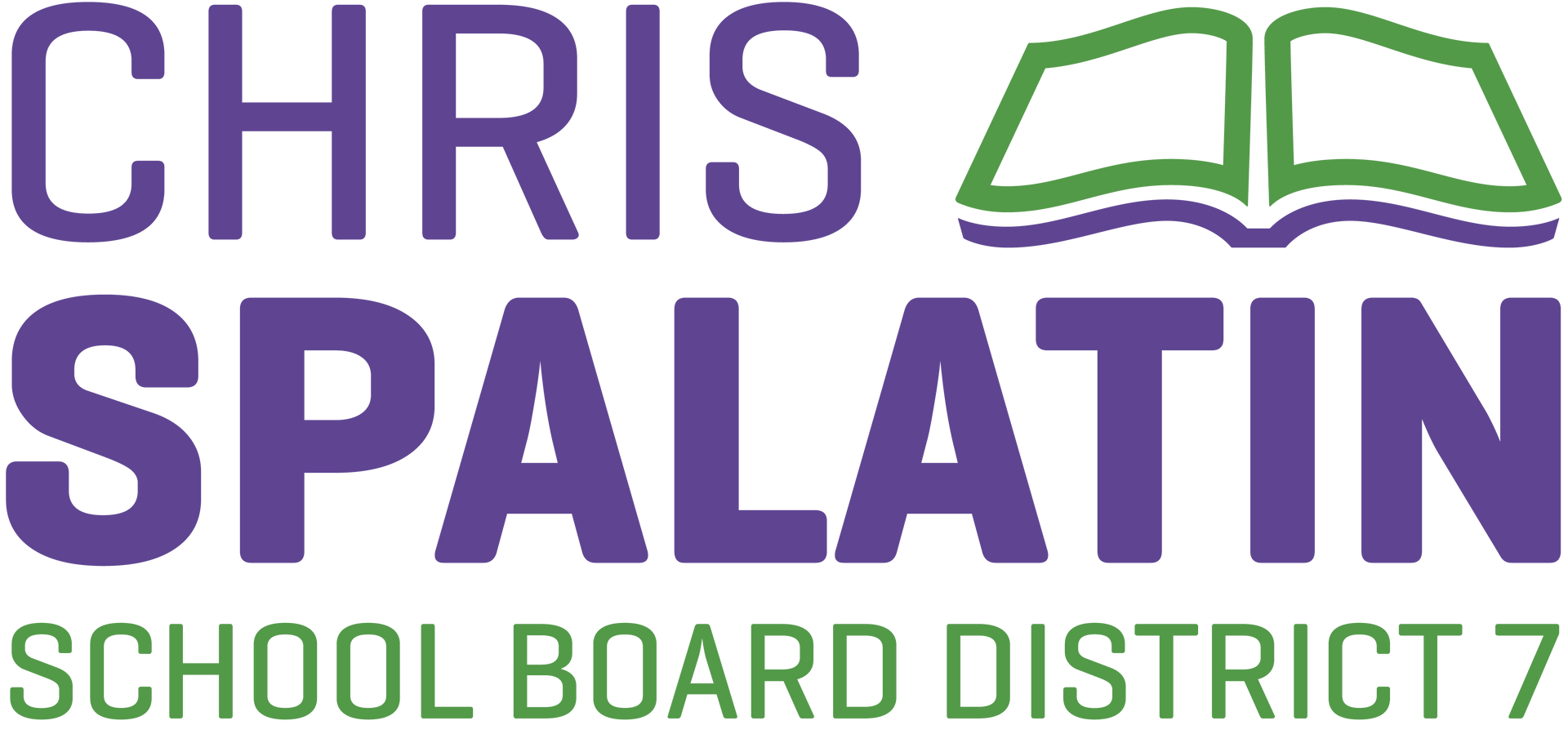 Chris Spalatin School Board District 7 logo in purple and green with open book icon