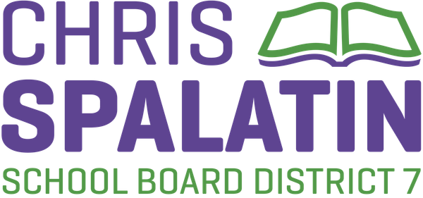 Chris Spalatin School Board, District 7 logo in purple and green with open-book icon