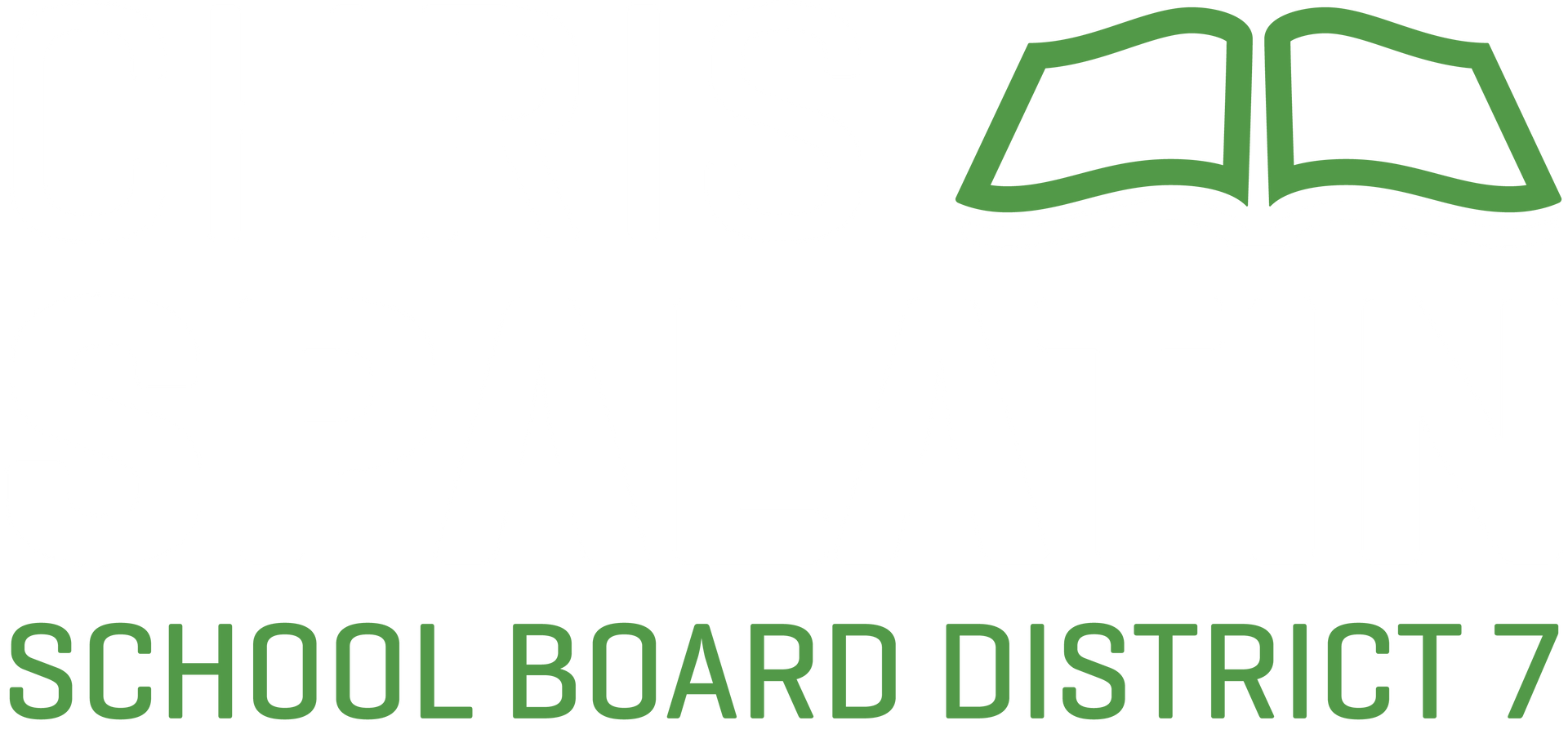 Green school board logo with open book icon and text “SCHOOL BOARD, DISTRICT 7”