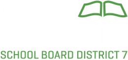 Green school board logo with open book icon and text “SCHOOL BOARD, DISTRICT 7”