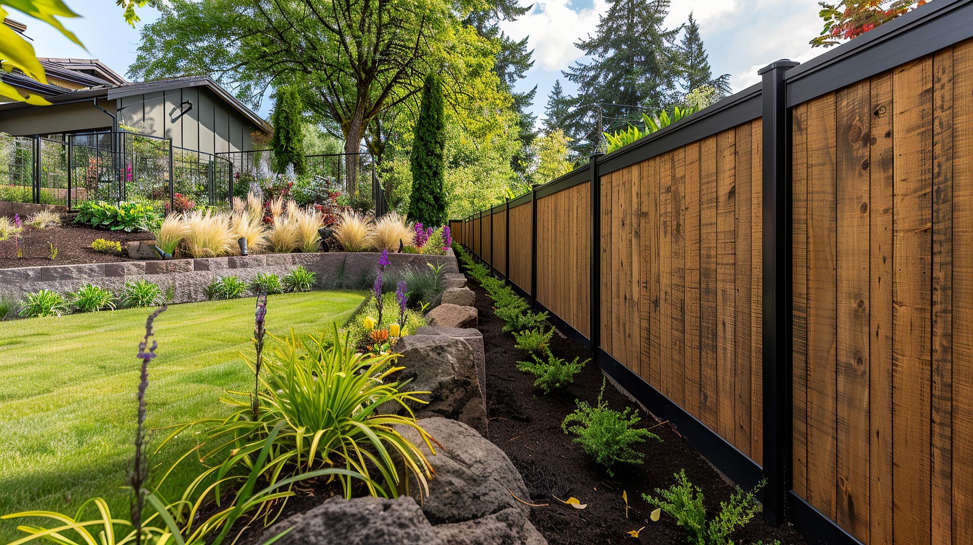 Wooden fence with dark frames, bordering a grassy yard with landscaping.