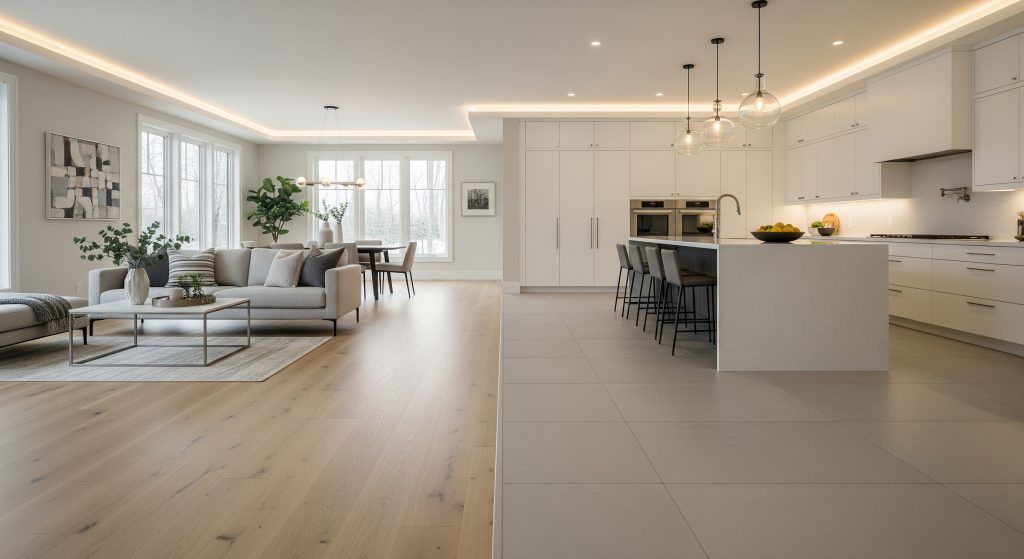 Open-plan living space: kitchen, dining, and living areas with light wood floors and white cabinetry.