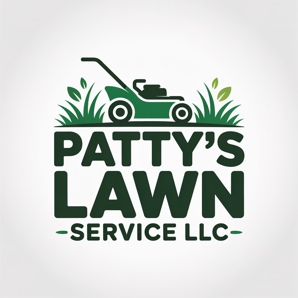Patty’s Lawn Service LLC logo with green lawn mower and grass on a white background