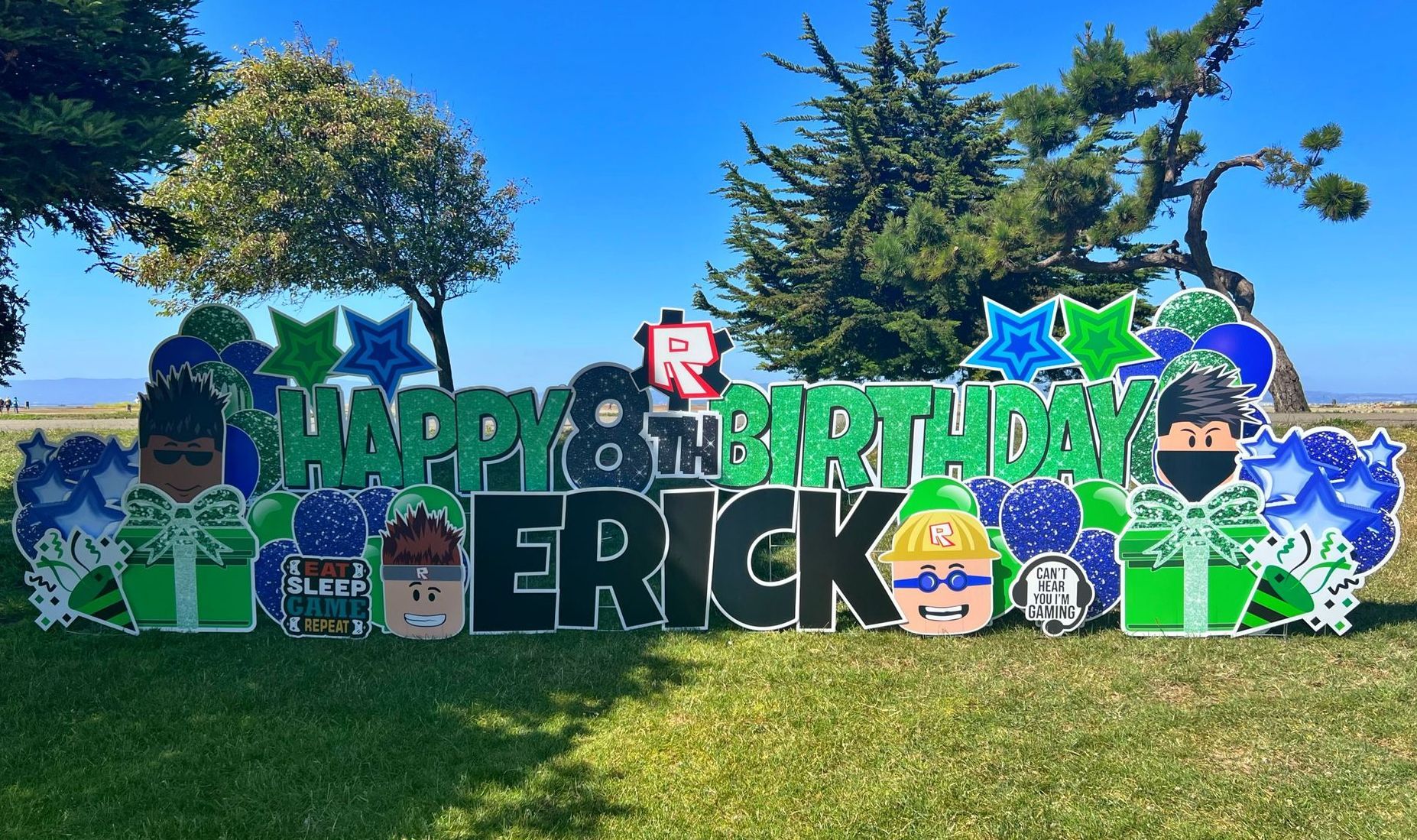 Birthday yard card display. Happy 8th birthday Erick in a video game theme. 
