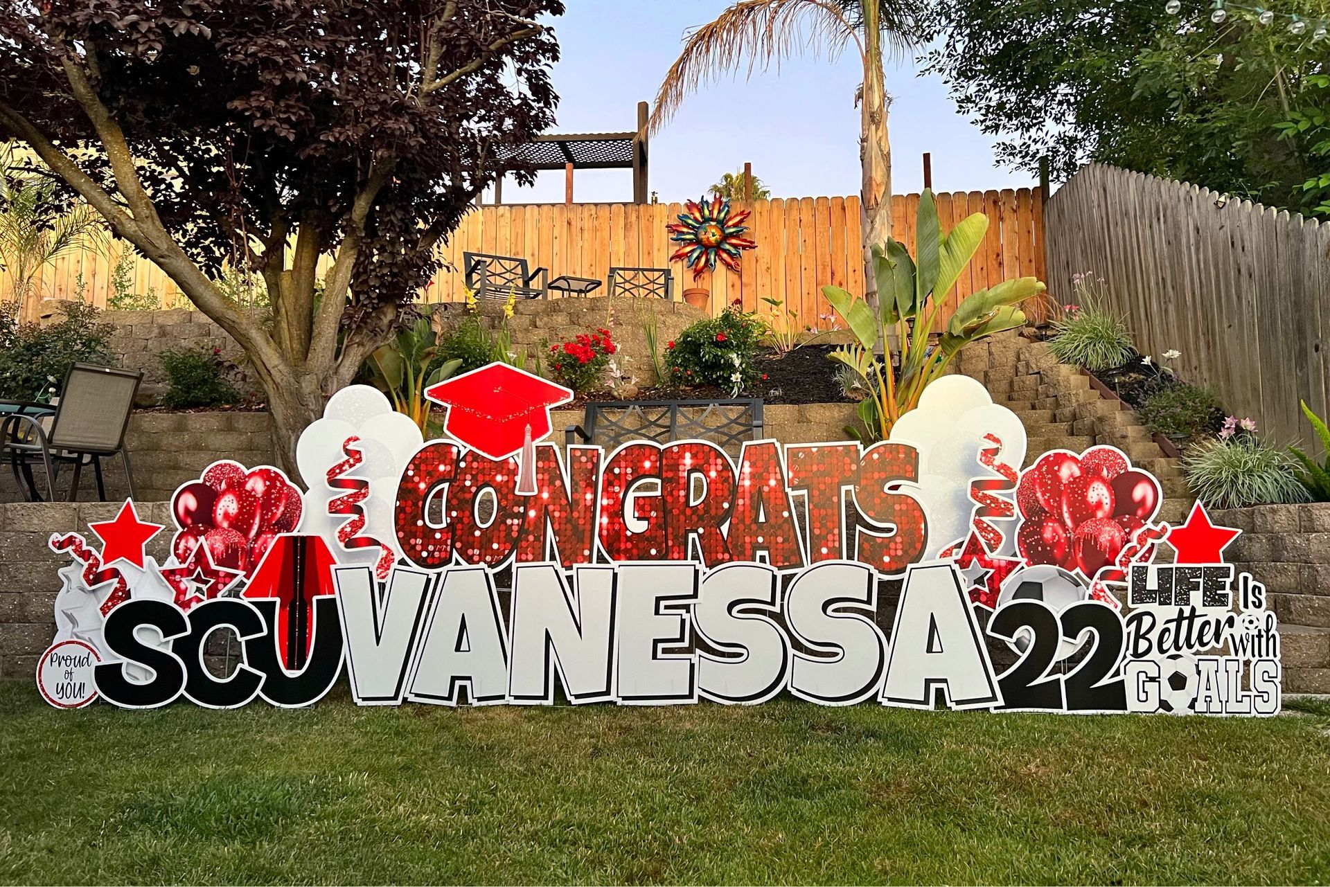 Deluxe Graduation Yard Card congratulating Vanessa for graduating from SCU in 2022. 