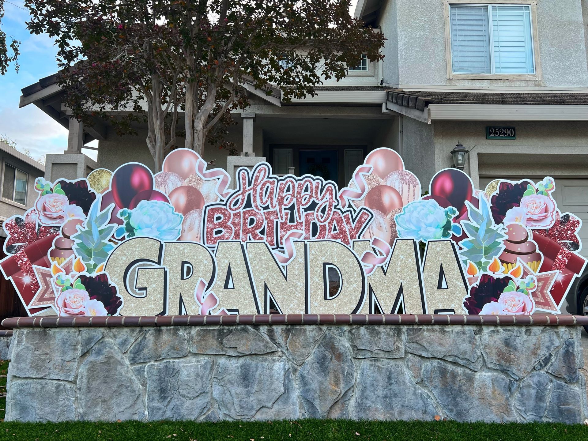 Themed birthday design in the colors rose gold, burgundy, and sage green. 