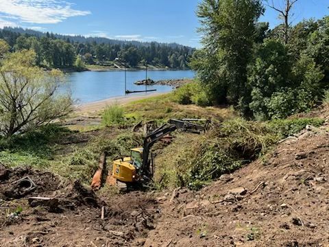 A bulldozer is driving through a dirt field.