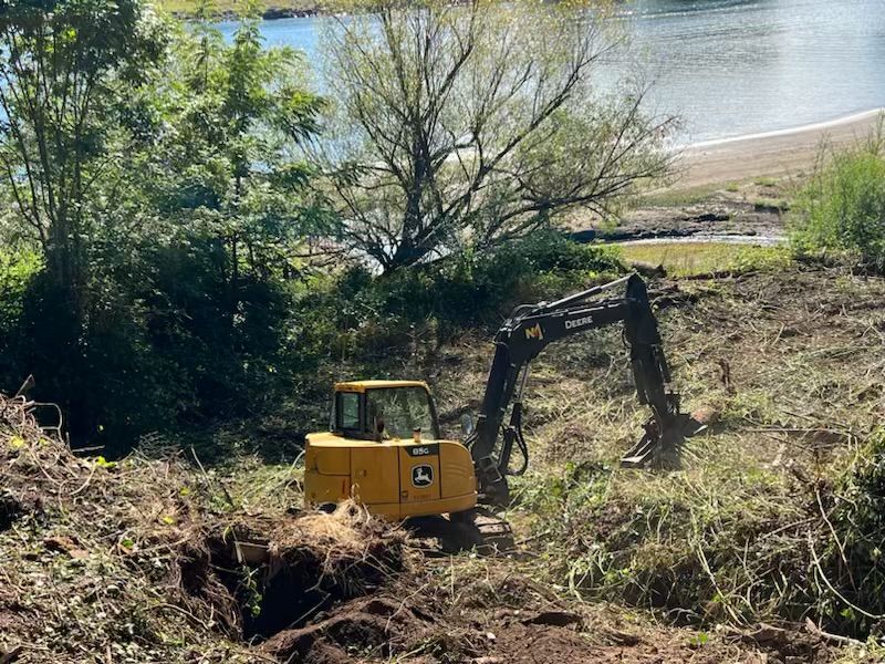 A yellow excavator is digging a hole in a dirt field.