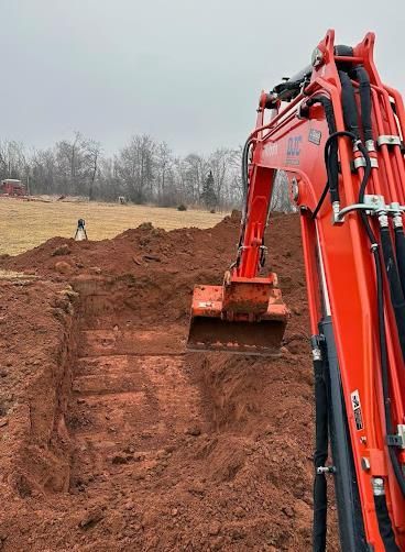 An excavator is driving down a dirt road in the woods.
