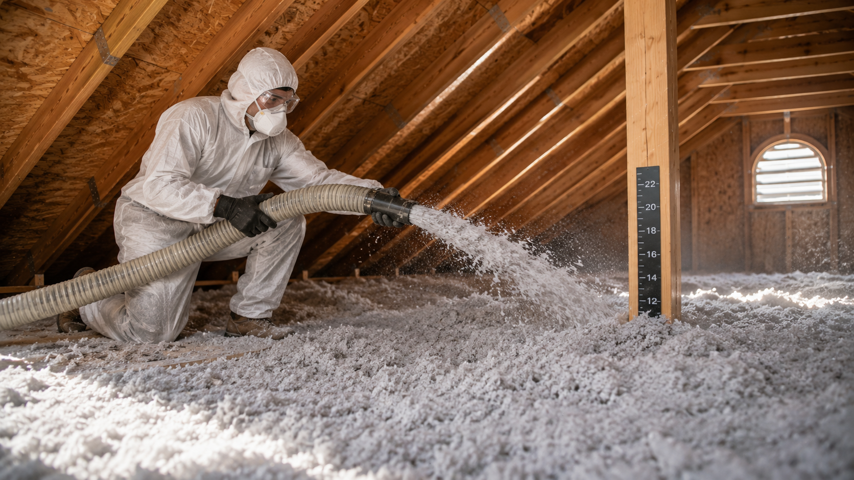 Worker in blue pants spraying insulation into an attic crawlspace with a red hose.