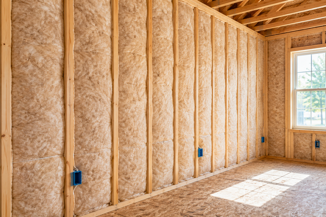 Worker in white protective suit spraying insulation into an attic roof cavity.