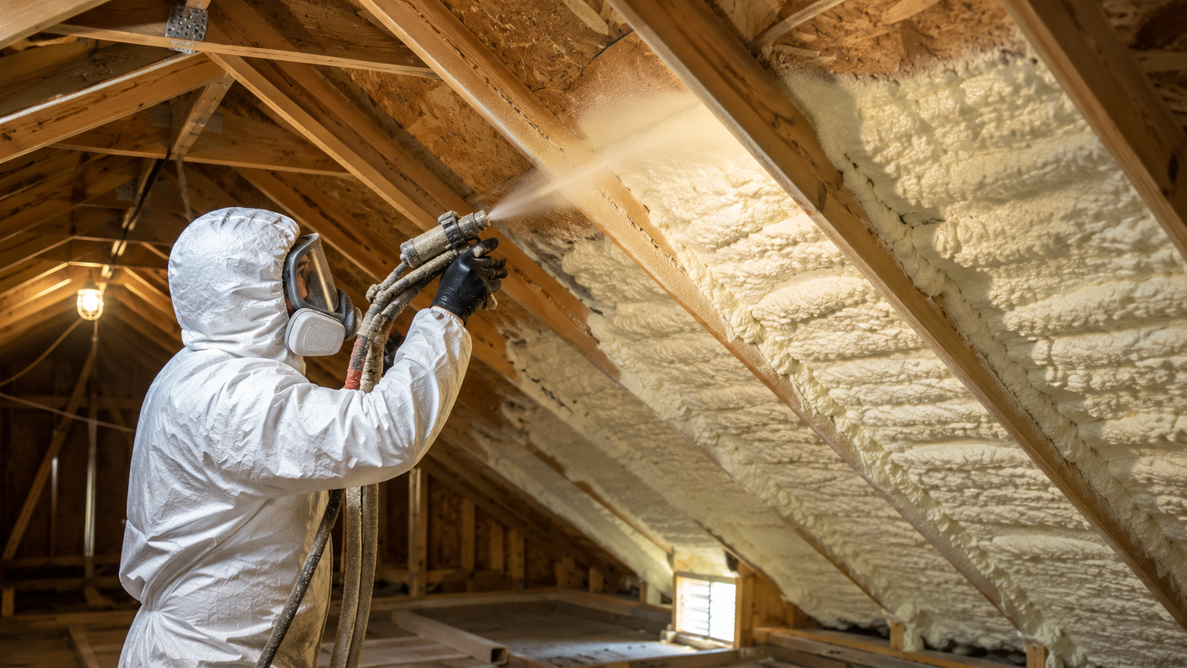 Worker spraying foam insulation into an attic wall cavity