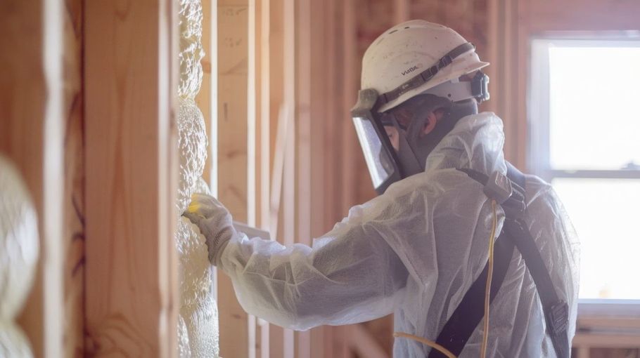 Worker in protective gear spraying insulation inside a wooden room near a window.