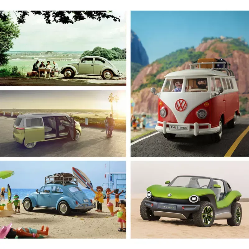 Ônibus e Fuscas clássicos da Volkswagen em cenários de praia vibrantes, incluindo uma Kombi vermelha e branca e um buggy verde.