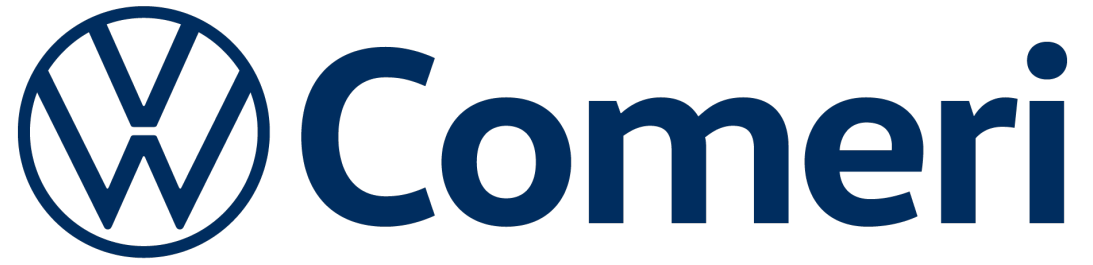 Logotipos da Volkswagen e da Comeri em azul e branco sobre um fundo limpo.