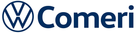 Logotipos da Volkswagen e da Comeri em azul e branco sobre um fundo limpo.