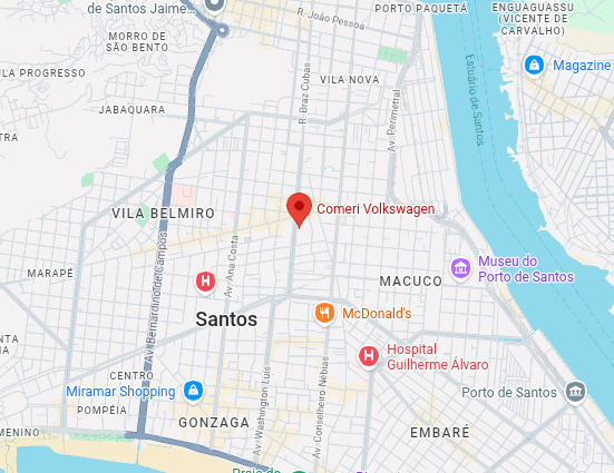 Mapa de Santos, Brasil, com um marcador vermelho indicando a localização próxima ao centro da cidade e pontos de referência próximos.