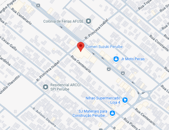 Mapa com um marcador vermelho indicando a localização próxima ao “Centro SUIZA Frutos” e as ruas e estabelecimentos comerciais adjacentes.