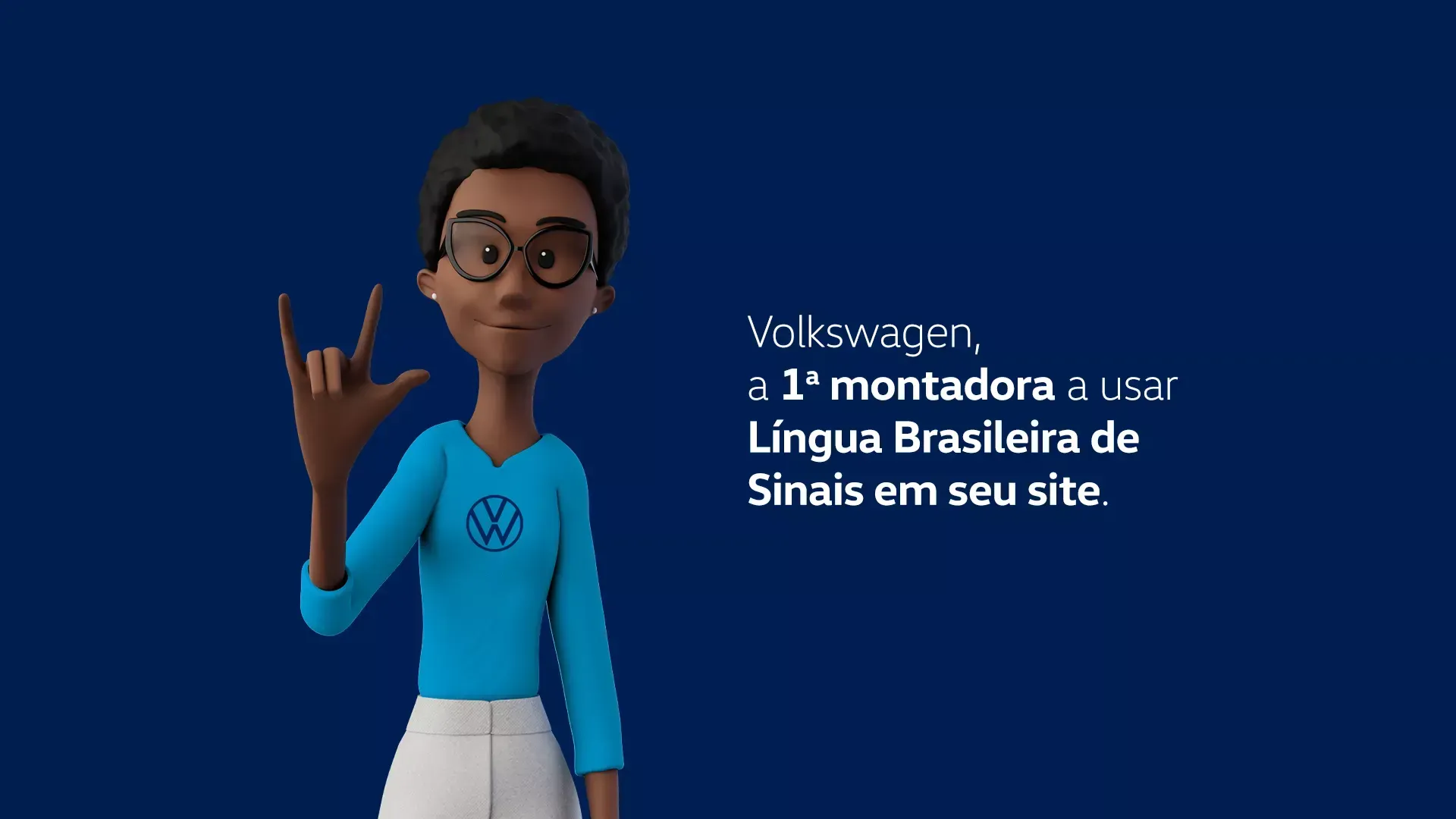 Anúncio da Volkswagen com uma ilustração de uma pessoa sobre um fundo azul e texto sobre o uso da Língua Brasileira de Sinais no local.