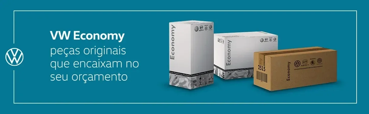 VW Economy banner with three cargo boxes and the text “Faça a sua encomenda no seu orçamento” on a teal background