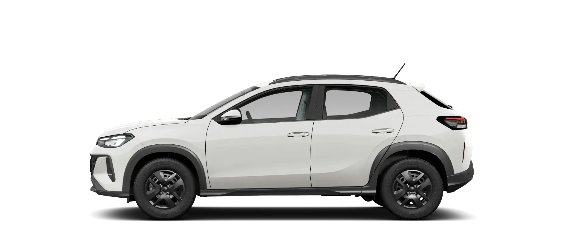 Vista lateral de um SUV compacto branco sobre um fundo branco liso.
