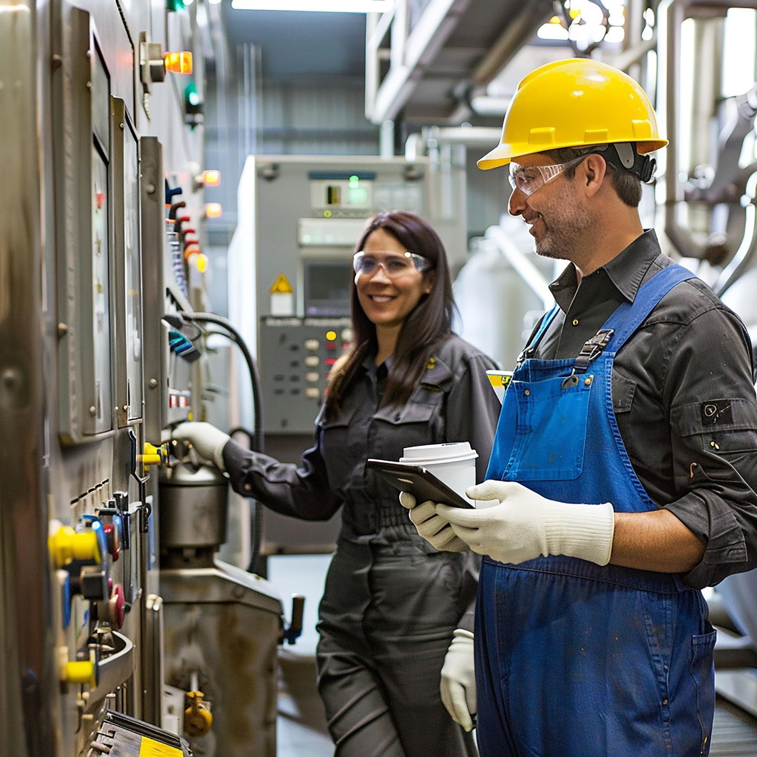 Two factory workers in safety gear inspecting machinery in an industrial control room.
